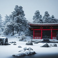 雪が降り積もる静寂な寺院の境内の写真