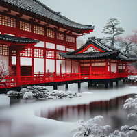 雪景色の池に建つ神社の社殿群の写真