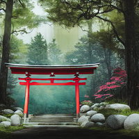 森の中にそびえる立派な赤い鳥居の写真