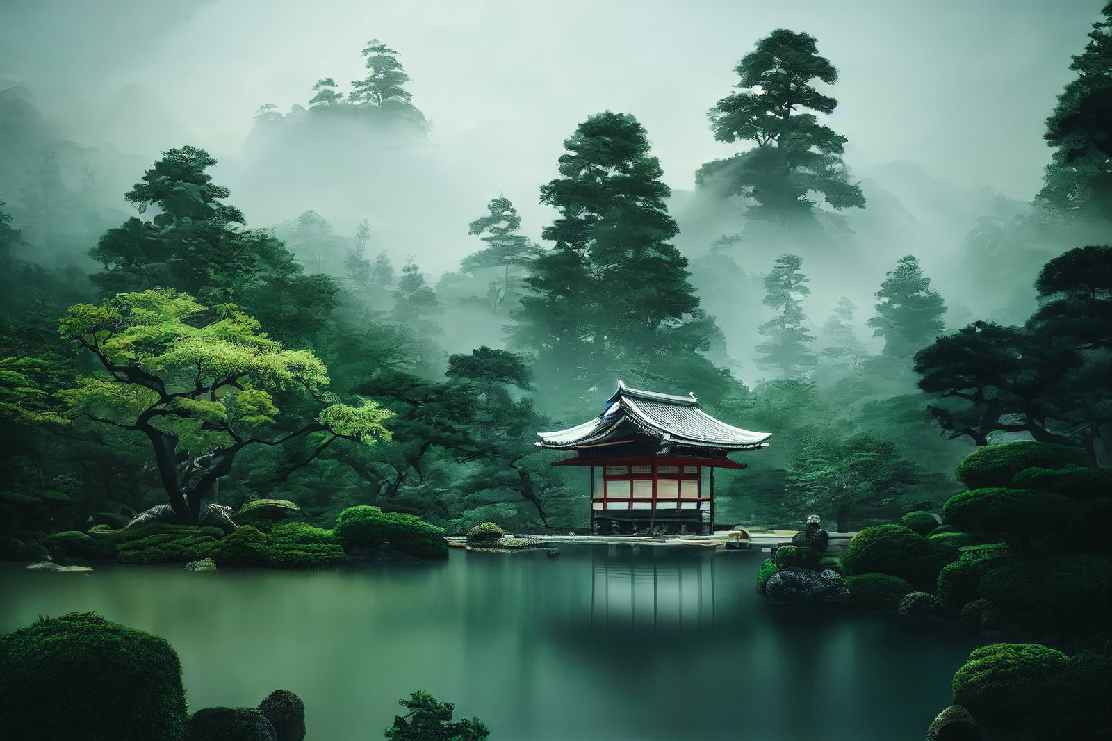 霧の池泉庭園に建つ東屋