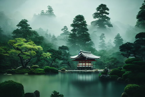 霧に包まれた池泉庭園の東屋と松、水面に映る静寂