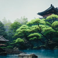 霧がかった池泉を囲う木々と社とお堂の静寂な境内の写真