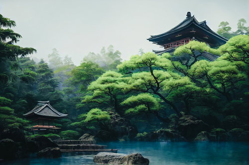 霧がかった池泉を囲う木々と社とお堂の静寂な境内