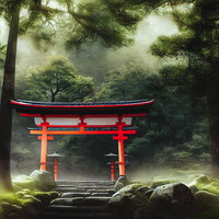 緑に囲まれた森の中の赤い鳥居と静寂な参拝道の写真