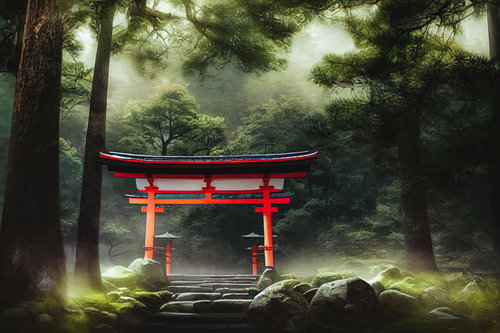 緑に囲まれた森の中の赤い鳥居と静寂な参拝道