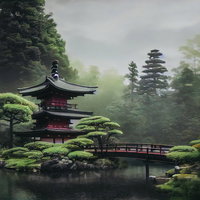 霧の庭園に立つ池泉と仏塔の写真