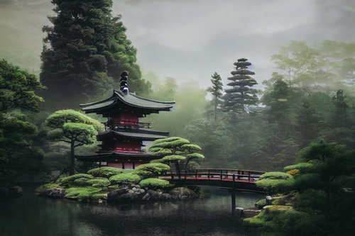 霧の庭園に立つ池泉と仏塔