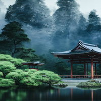 池泉に反射する霧の境内風景と社の庭園、木々に包まれた伝統建築の写真