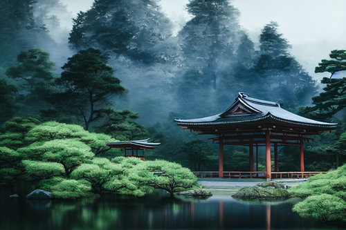 池泉に反射する霧の境内風景と社の庭園、木々に包まれた伝統建築