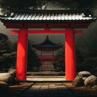 霧の森に佇む朱い鳥居のような門と参道の神社境内の写真