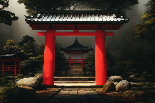 霧の森に佇む朱い鳥居のような門と参道の神社境内