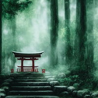 森の静寂に包まれる境内の鳥居と石段を歩む参拝者の道の写真