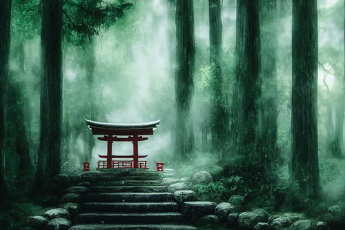 森の静寂に包まれる境内の鳥居と石段を歩む参拝者の道