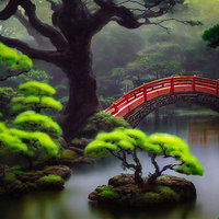霧立つ日本庭園の池泉に架かる朱い太鼓橋と苔庭園の写真