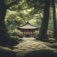 石畳の参道が続く森の社の写真