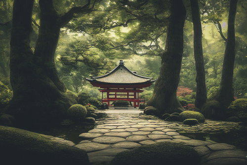 石畳の参道が続く森の社