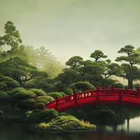 池泉庭園に架かる赤い太鼓橋と松の木々に囲まれた和風景観の写真
