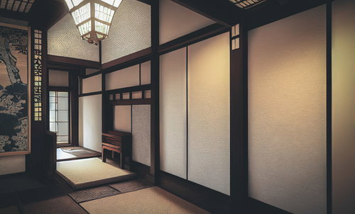 アジアンテイストの古民家風座敷、伝統的な和室空間