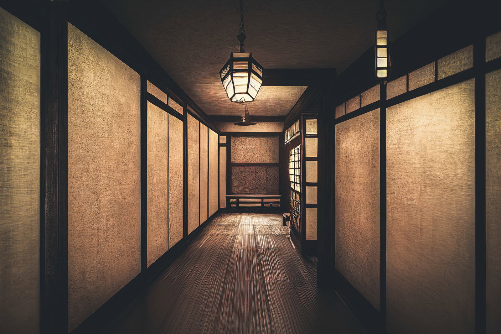 古民家の廊下に襖が並び、ぼんやりとした明かりが灯る薄暗い和風空間