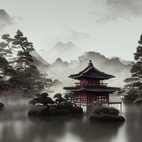 霧の中の池泉と社がある和の風景の写真