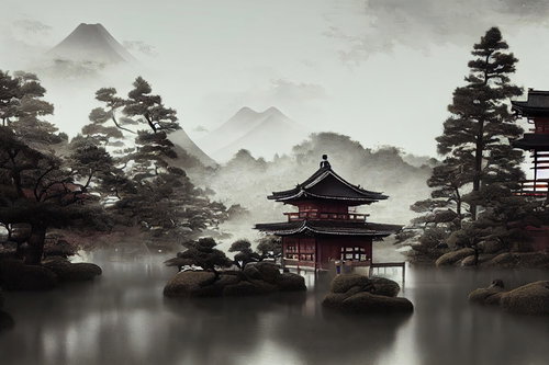 池泉と社のある和風庭園の風景 山間の霧に包まれた日本庭園