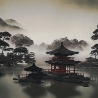 霧の中の庭池と社（秋の日本庭園）の写真