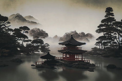 霧に包まれた庭池と朱色の社殿、松の木に囲まれた和風庭園