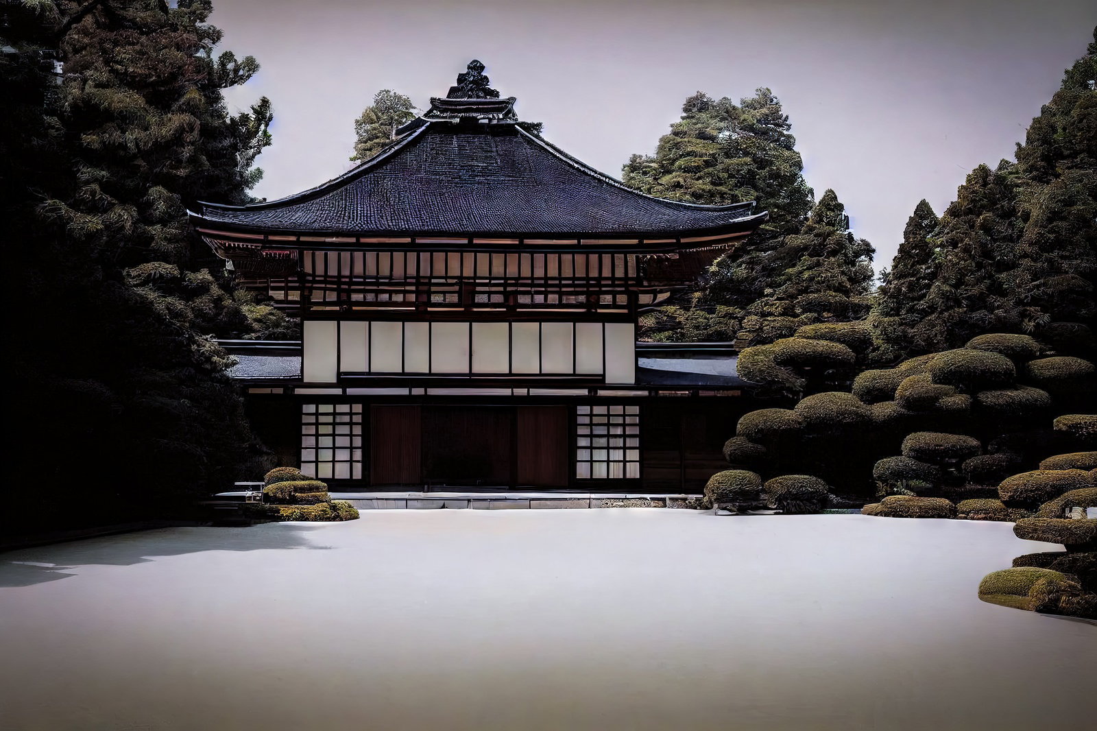青黒い瓦屋根の寺院風建物と白砂の枯山水庭園
