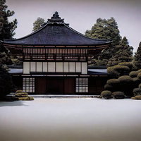 青黒い瓦屋根の枯山水と日本庭園、白砂と苔玉の伝統造園の写真