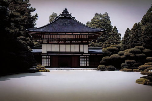 青黒い瓦屋根の枯山水と日本庭園、白砂と苔玉の伝統造園