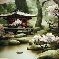 桜が咲く池泉の日本庭園、赤い木製建物と苔むした石組みの写真