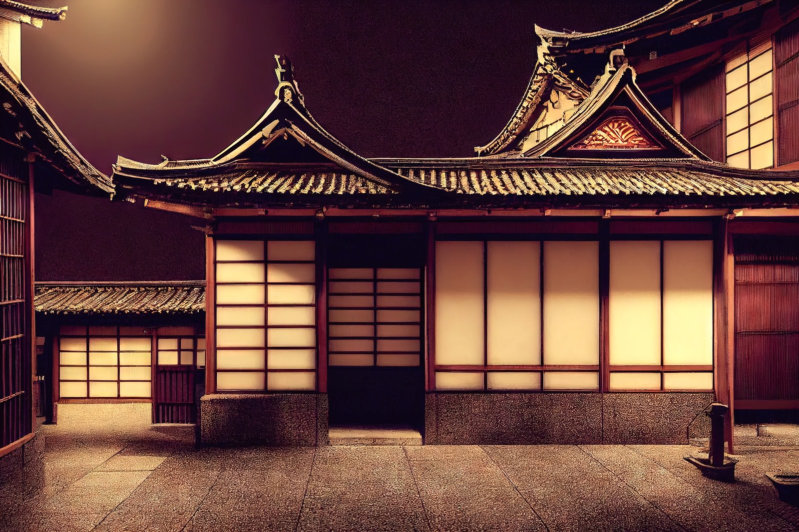 夜の日本家屋と石畳の中庭