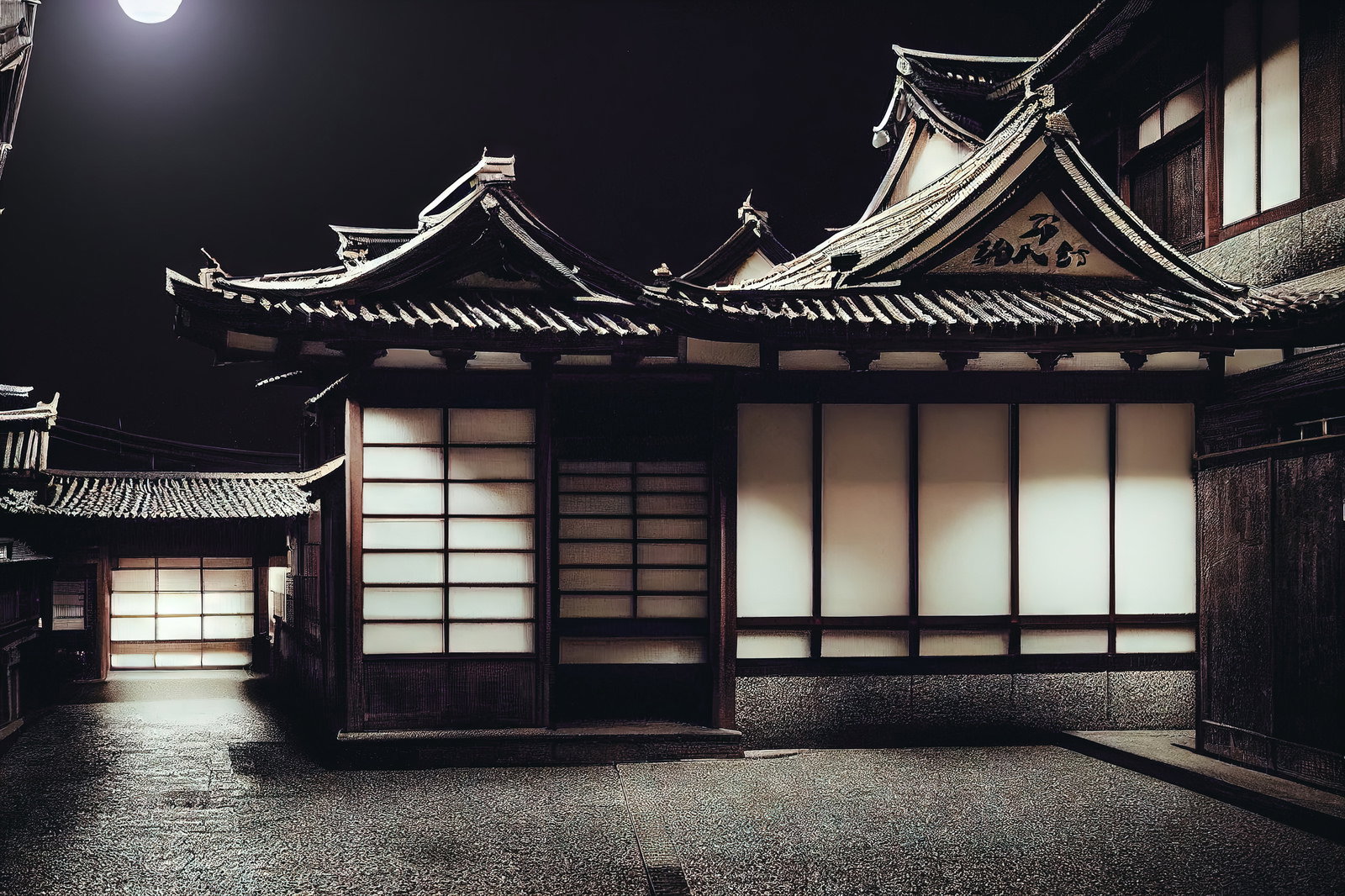 月明りに照らされた江戸時代風の日本家屋の夜景