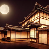 満月の光に照らされた日本家屋の夜景 瓦屋根と障子の写真