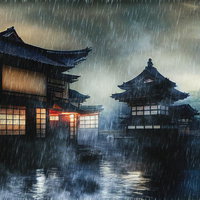 激しい雨に煙る土砂降りの城下町・江戸時代風の古い町並みの写真