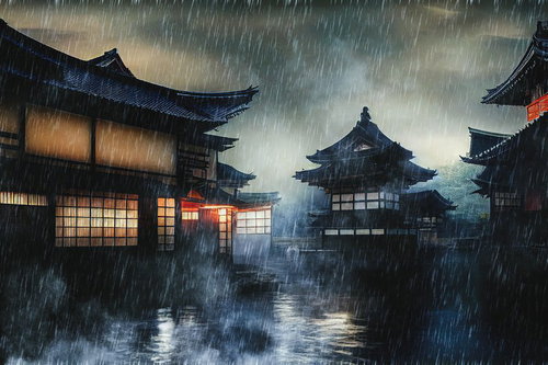 激しい雨に煙る土砂降りの城下町・江戸時代風の古い町並み