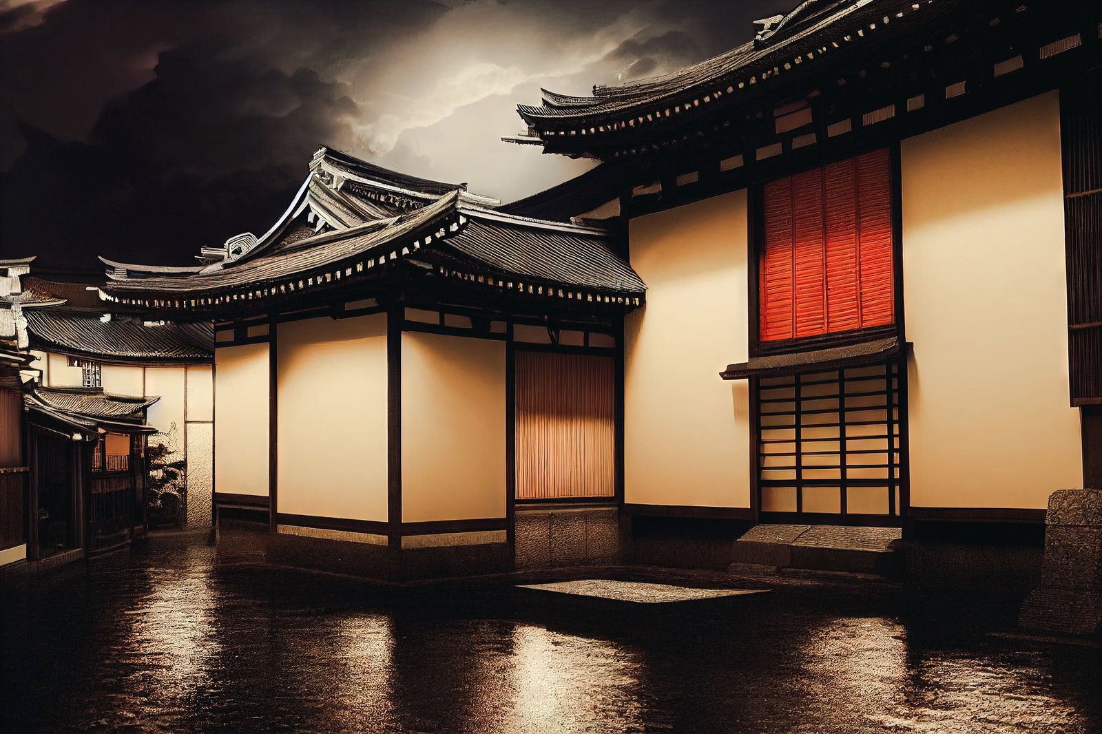 夜の暖色照明に照らされた日本風建物の軒先と瓦屋根