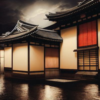 暖色照明に照らされた夜の瓦屋根と軒先の伝統建築の写真