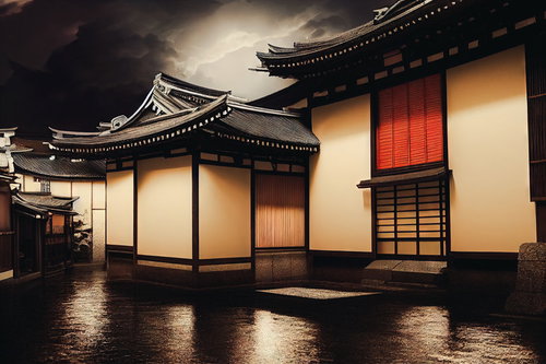 暖色照明に照らされた夜の瓦屋根と軒先の伝統建築