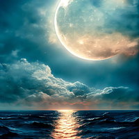 雲に隠れた満月とレイラインが映る夜の海の水平線の写真