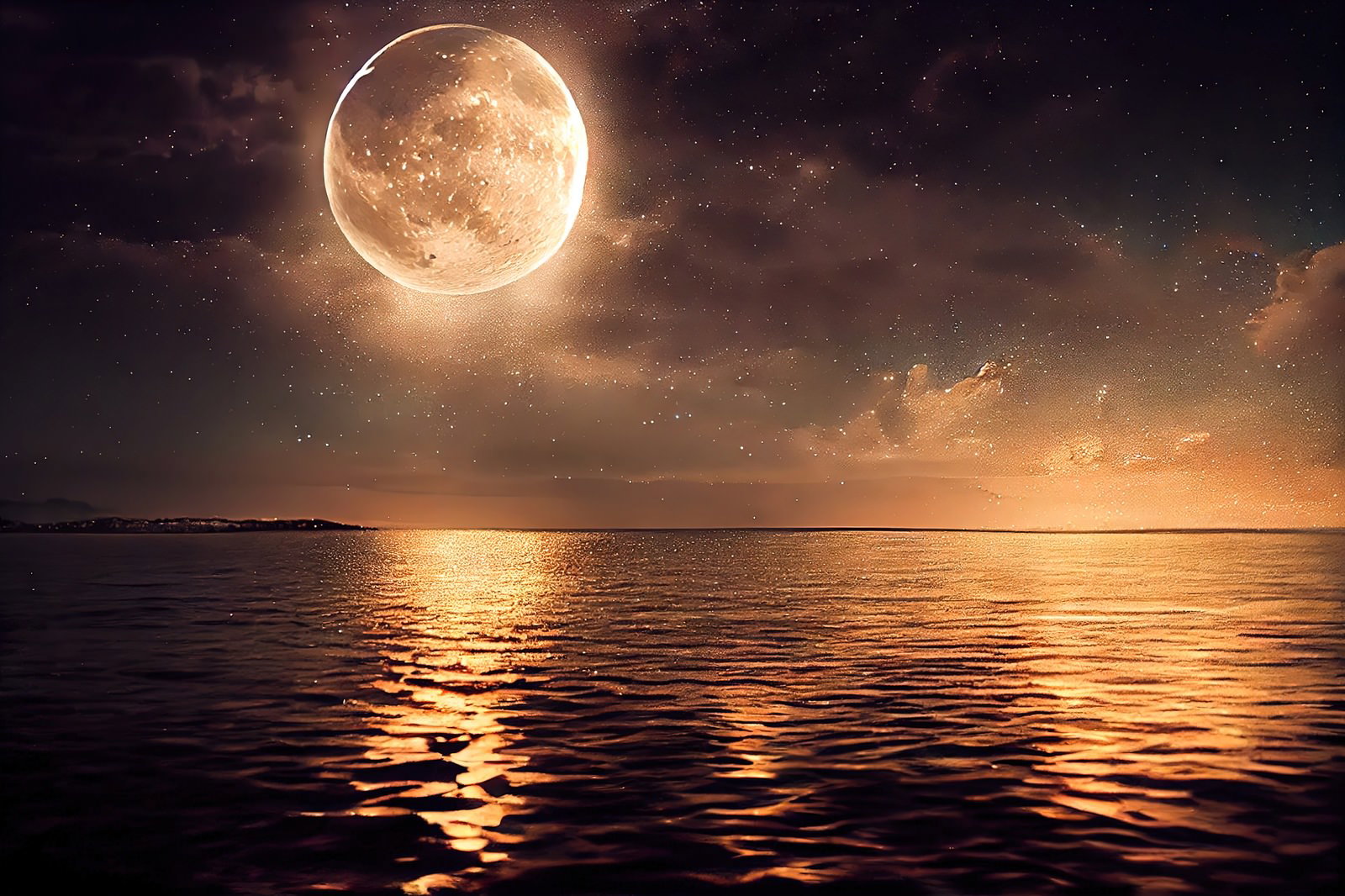 月明かりが海面のさざ波に反射してレイラインを作る満月の夜景