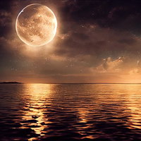 さざ波に揺れるレイラインと満月の夜景～月明かりに照らされた海の写真