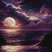 紫色の夜空で水平線を照らす満月の月明り、海面のさざ波の写真