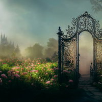 朝靄の中ピンクのバラに囲まれた妖精の門と幻想的な庭園の写真