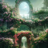 妖精の門と花園の庭園風景：ピンク色のバラで覆われた石造りのアーチ門の写真