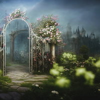 中庭へと続く花で装飾された妖精の門と石畳の小道の写真