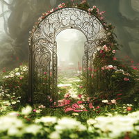 妖精の世界へと続く装飾的な門と花園、ピンク色のバラ咲く庭園風景の写真