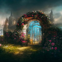 異世界へと続く妖精の門と花園、青と黄金色の装飾が施された魔法のゲートの写真