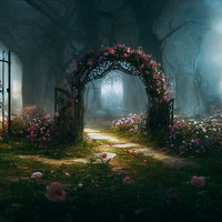 妖精の国への入り口を彩るアーチ状の門と神秘的な光の写真