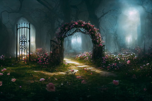 妖精の国への入り口を彩るアーチ状の門と神秘的な光